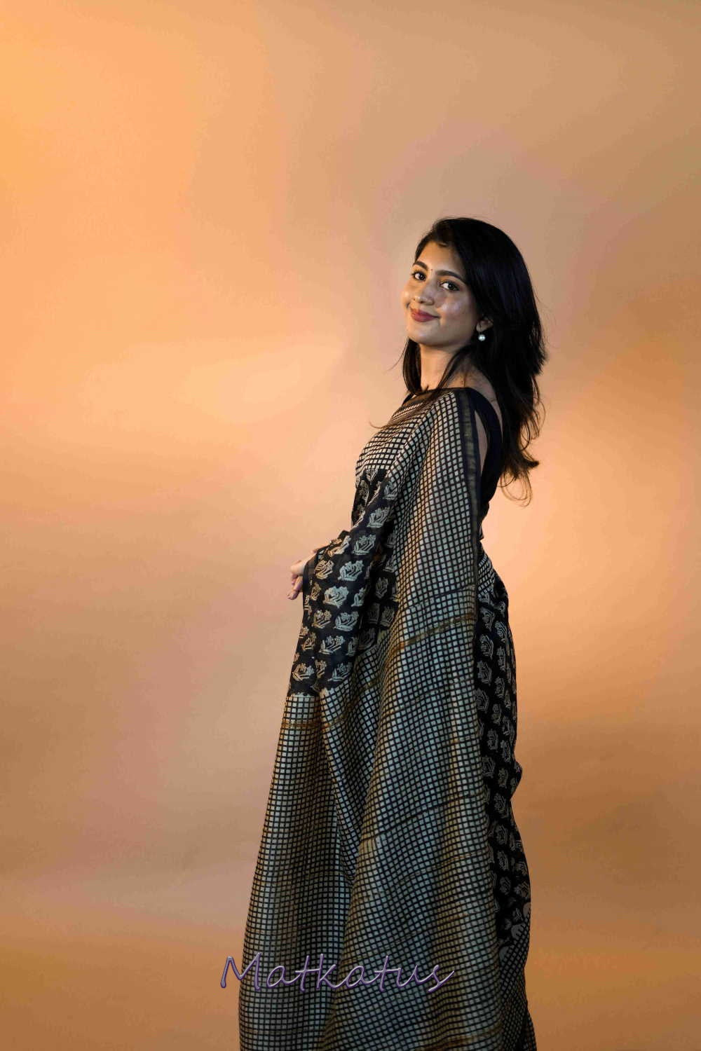 Florets on Black Block Printed Chanderi saree