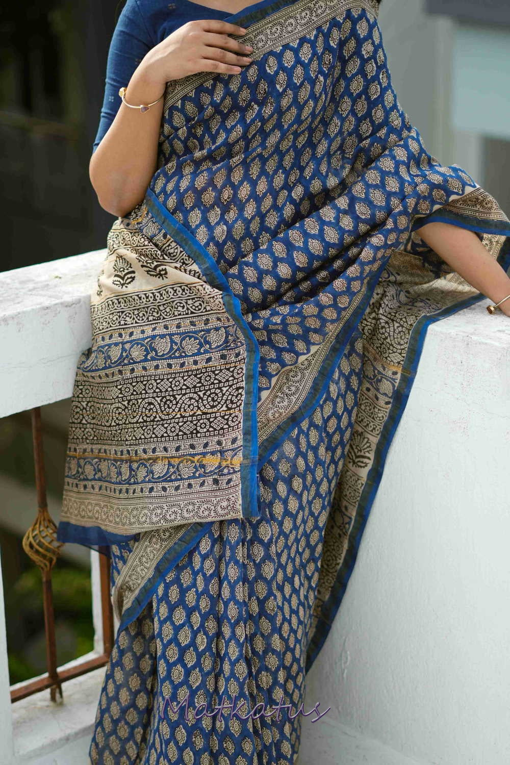 Butta on Blue Block Printed Chanderi saree