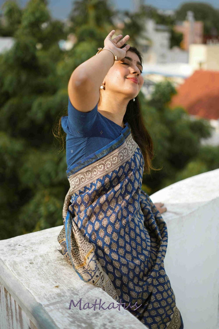 Butta on Blue Block Printed Chanderi saree