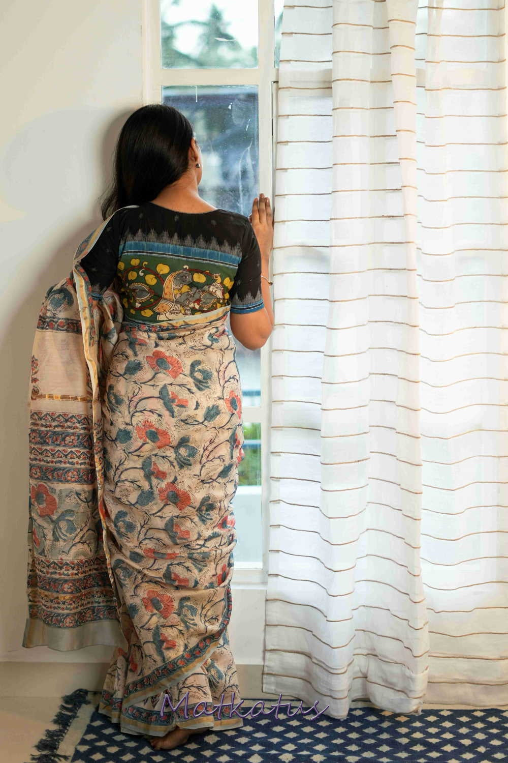 Black ikat with Kalamkari Stitched Blouse - 32,34,36,38,40,42,44