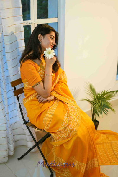 Yellowish Orange Block Printed Silk Cotton saree