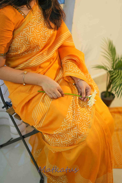 Yellowish Orange Block Printed Silk Cotton saree