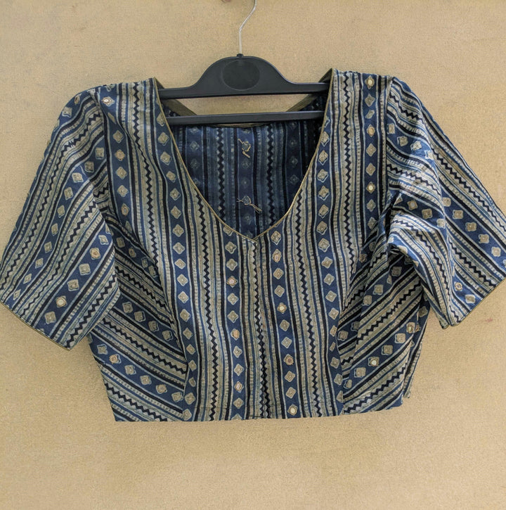 Indigo with Mirror Work Ajrak Cotton Stitched Blouse - 34,36,38,40