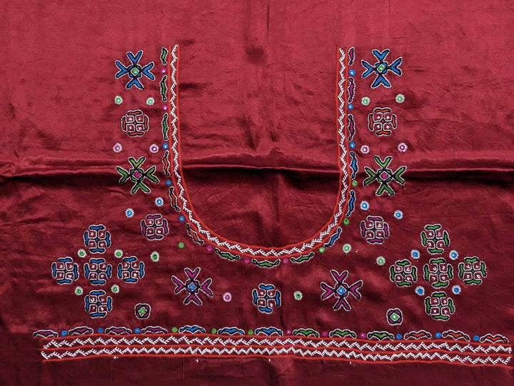 Deep Burnt Maroon Kutch Embroidered Mashru Silk Blouse