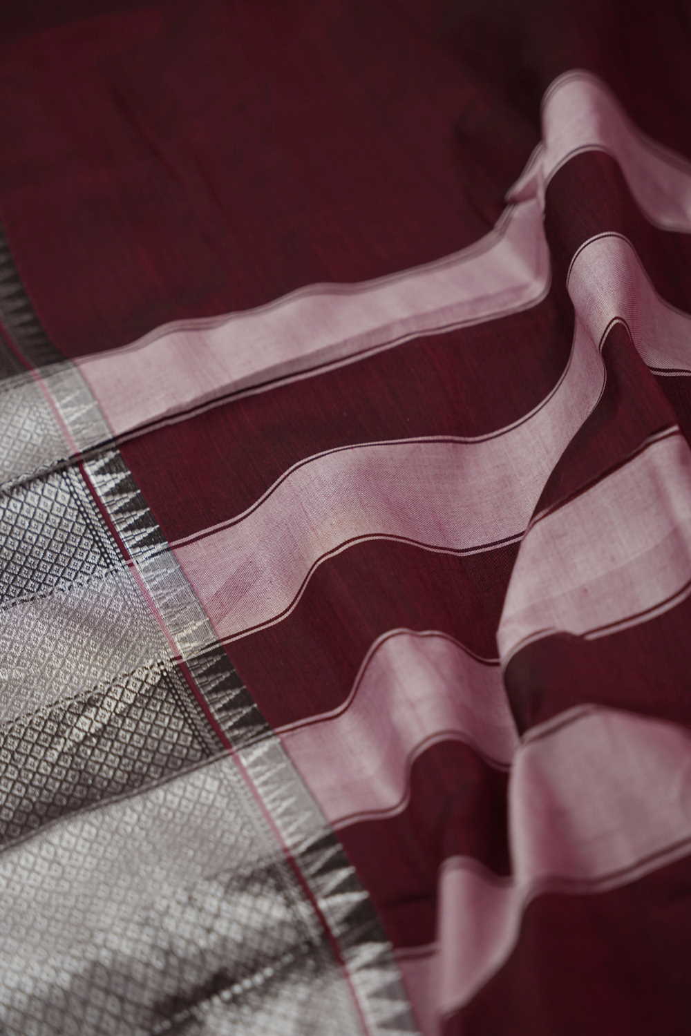 Silver Zari Border on Maroon Narayanpet Cotton saree