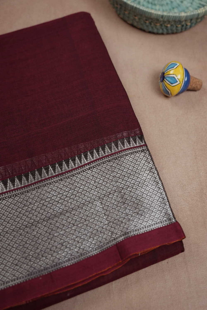 Silver Zari Border on Maroon Narayanpet Cotton saree