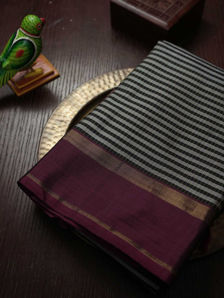 Grey Stripes on Black Kanchipuram Silk Saree