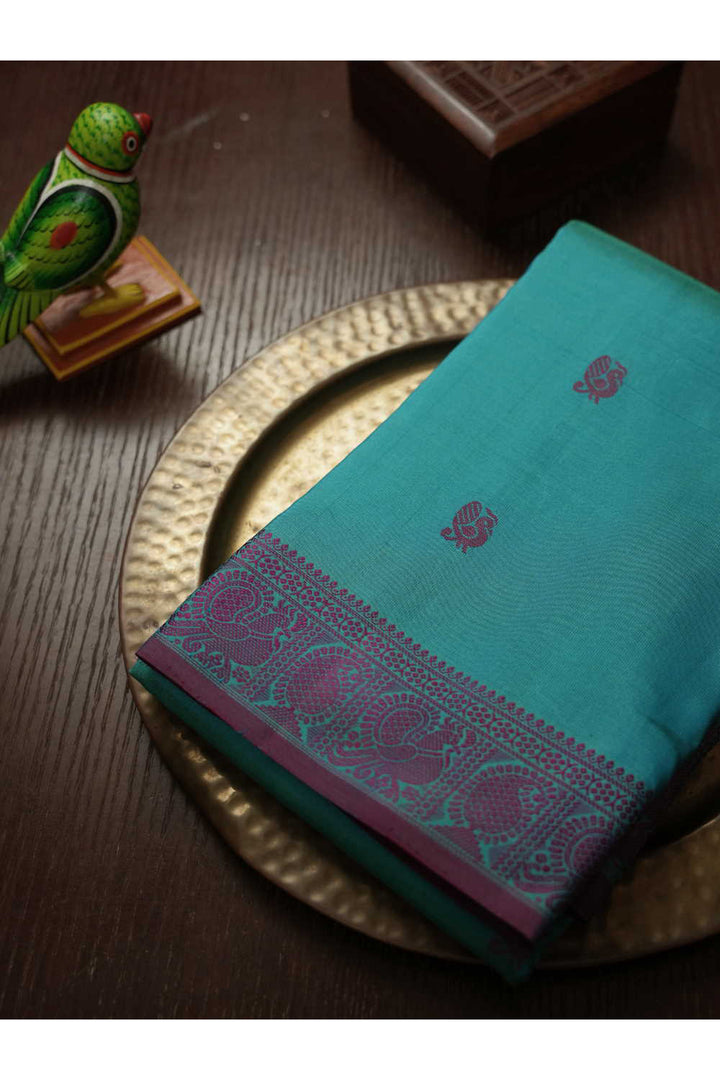 Rama Blue with Peacock Motifs Kanchi Silk saree