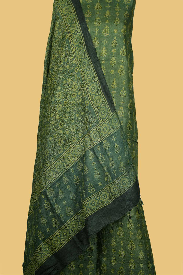 Green Ajrak Tussar Top & Dupatta