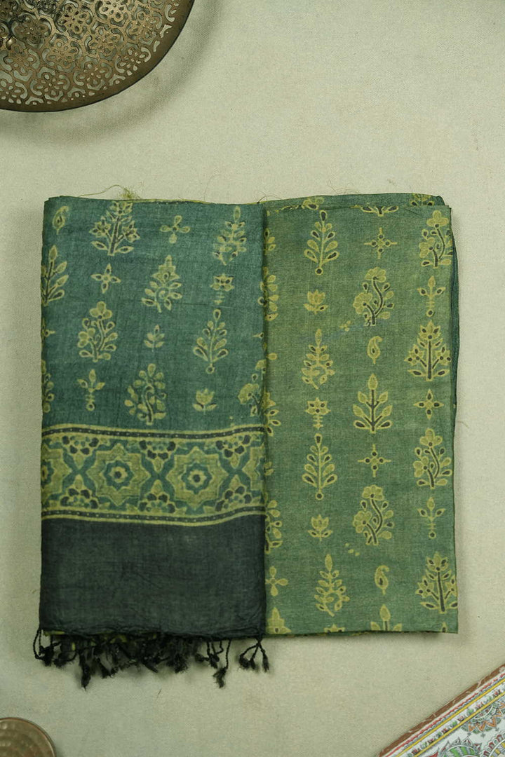 Green Ajrak Tussar Top & Dupatta