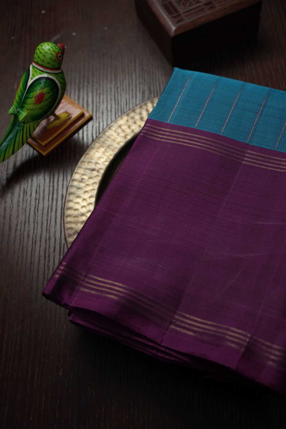 Stripes on Blue with Dark Pink Kanchipuram Silk Saree