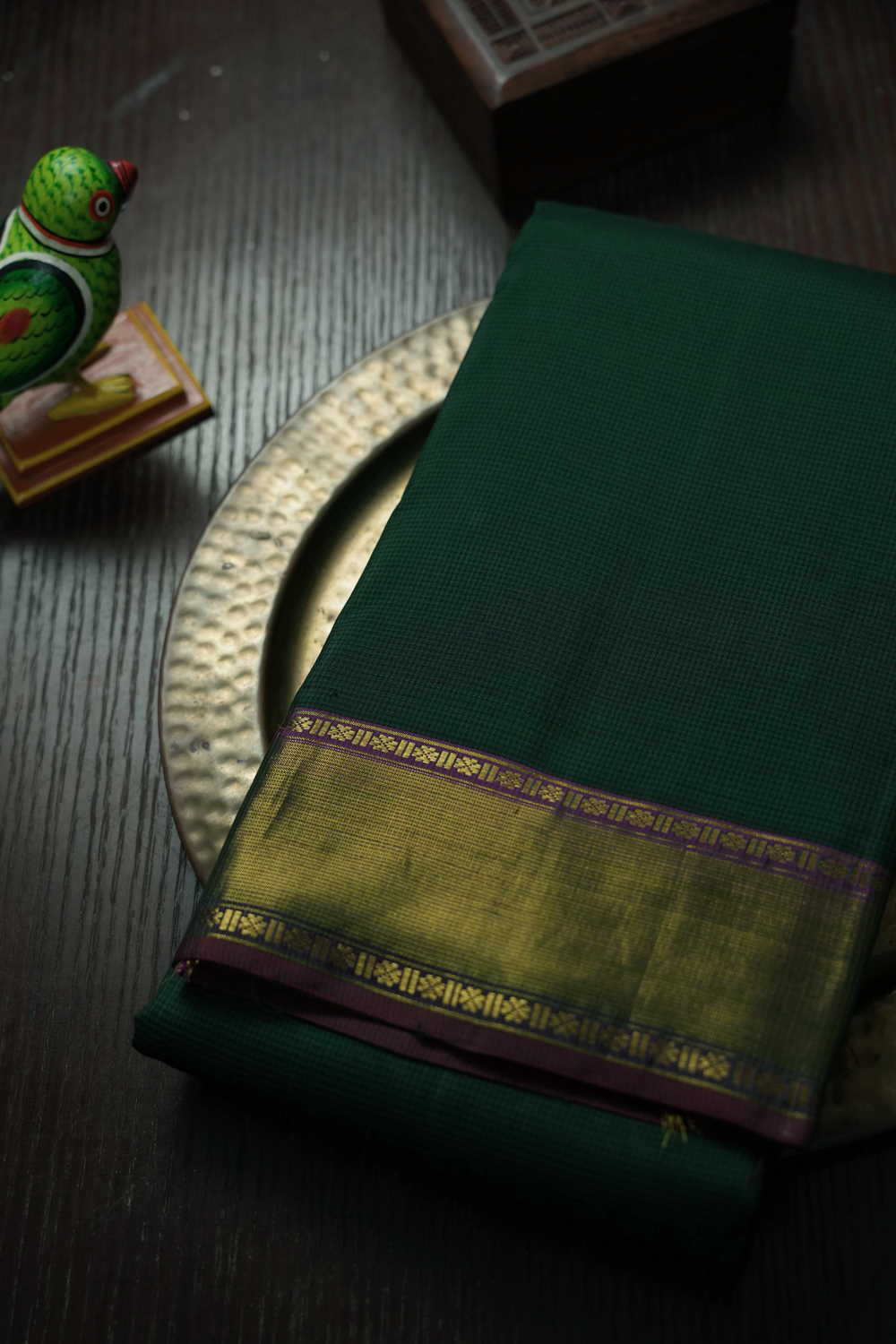 Micro-Checkered Dark Green Kanchipuram Silk Saree