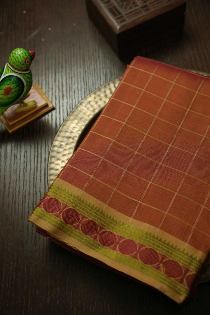 Checkered on Orange Kanchipuram Silk saree