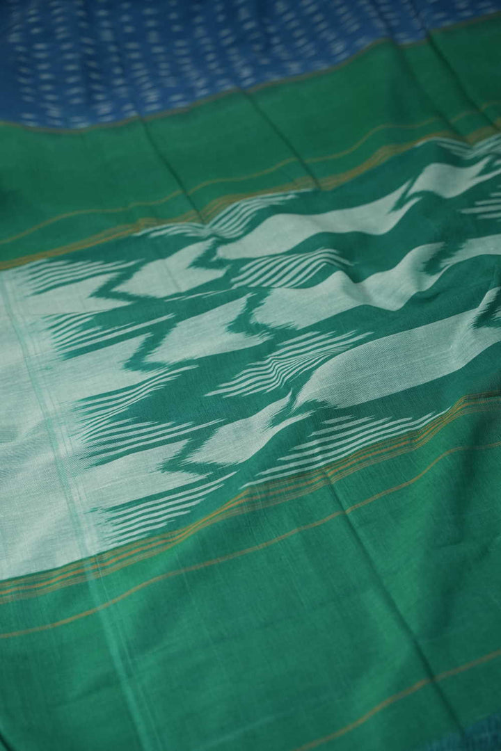 Green & Cream Border Ikat Cotton saree