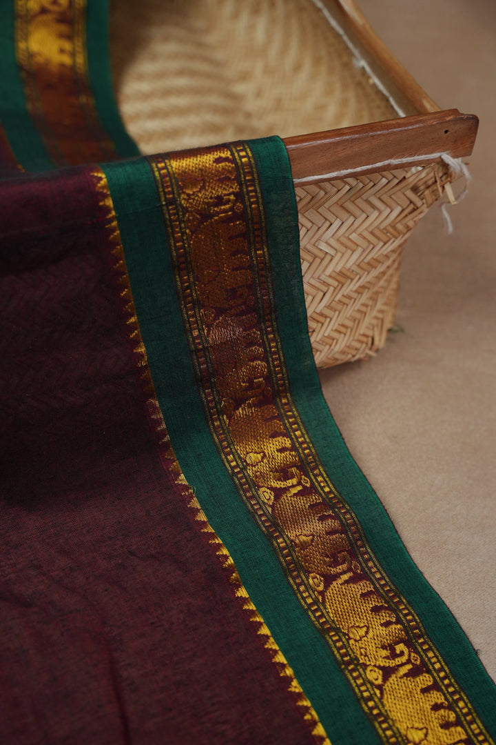 Maroon with Green Narayanpet Border Cotton Blouse - 0.9m