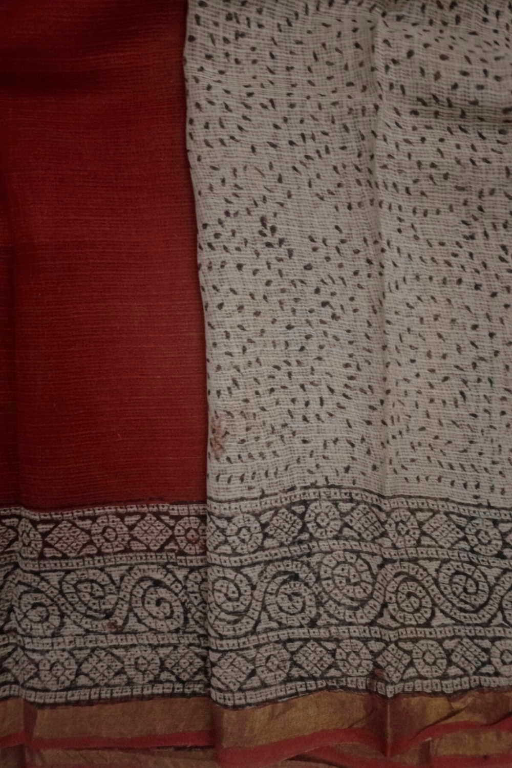 Brick Maroon Block Printed Kota Cotton saree