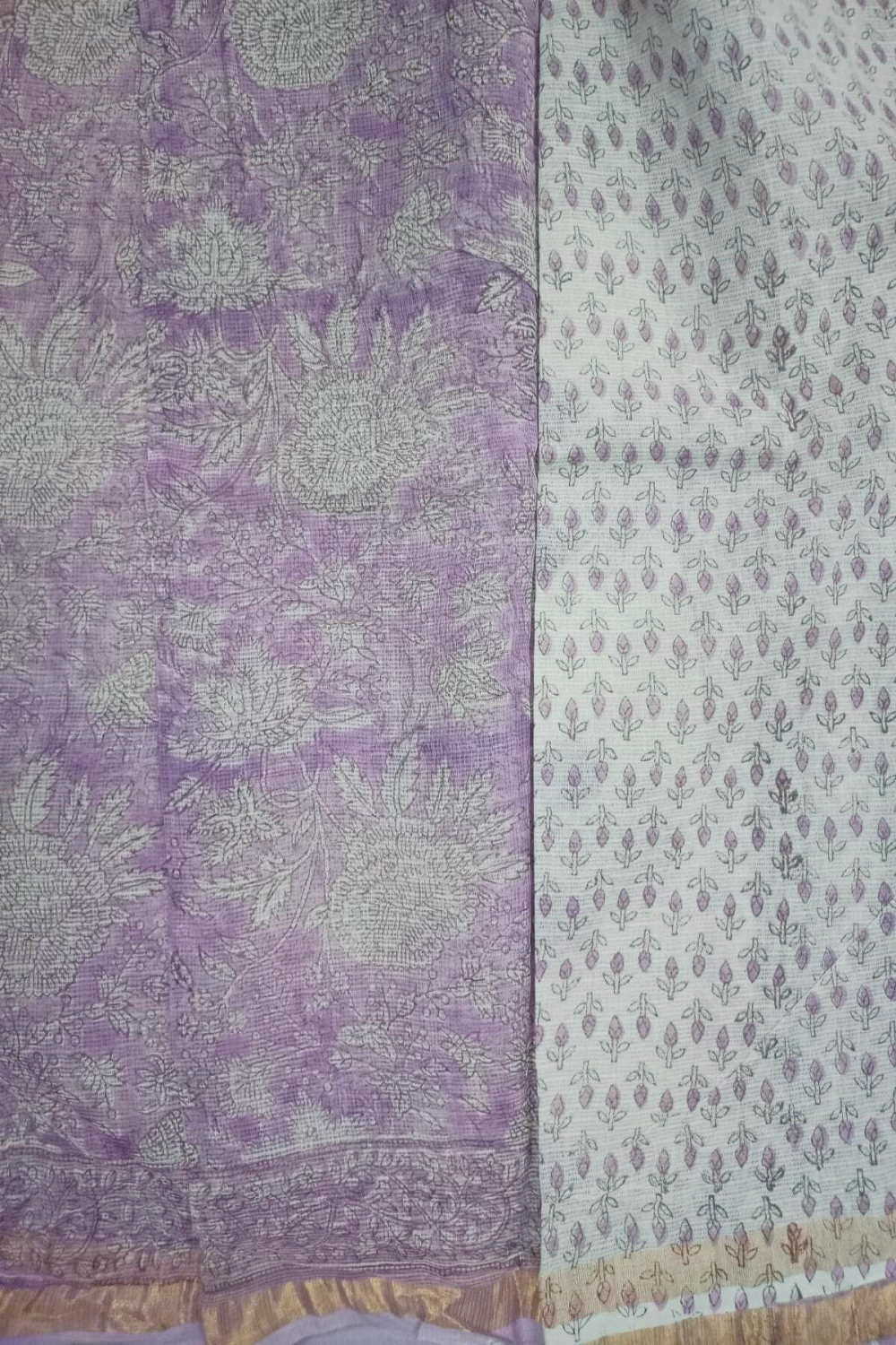 Cream Floral on Light Purple Block Printed Kota Cotton saree