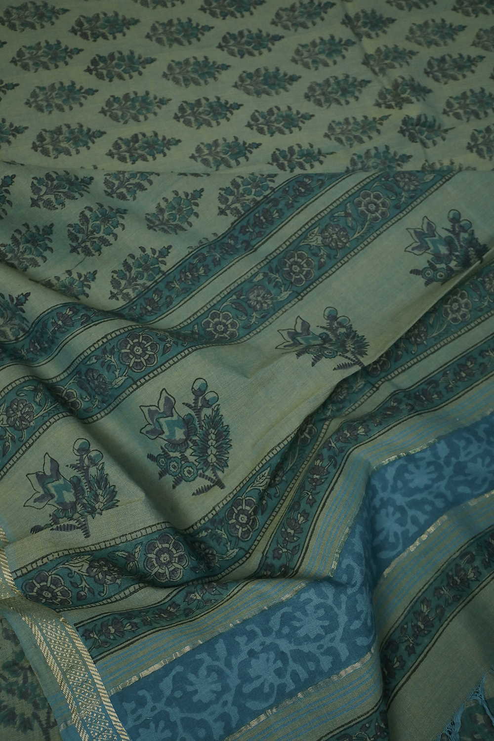 Green with Florets Block Printed Mangalagiri Dupatta