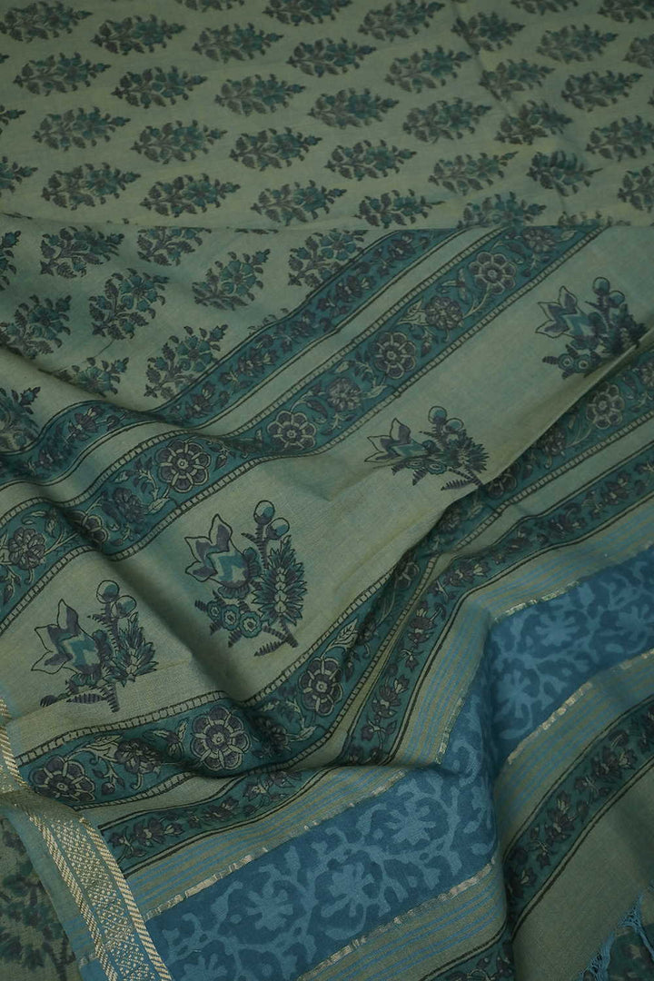 Green with Florets Block Printed Mangalagiri Dupatta