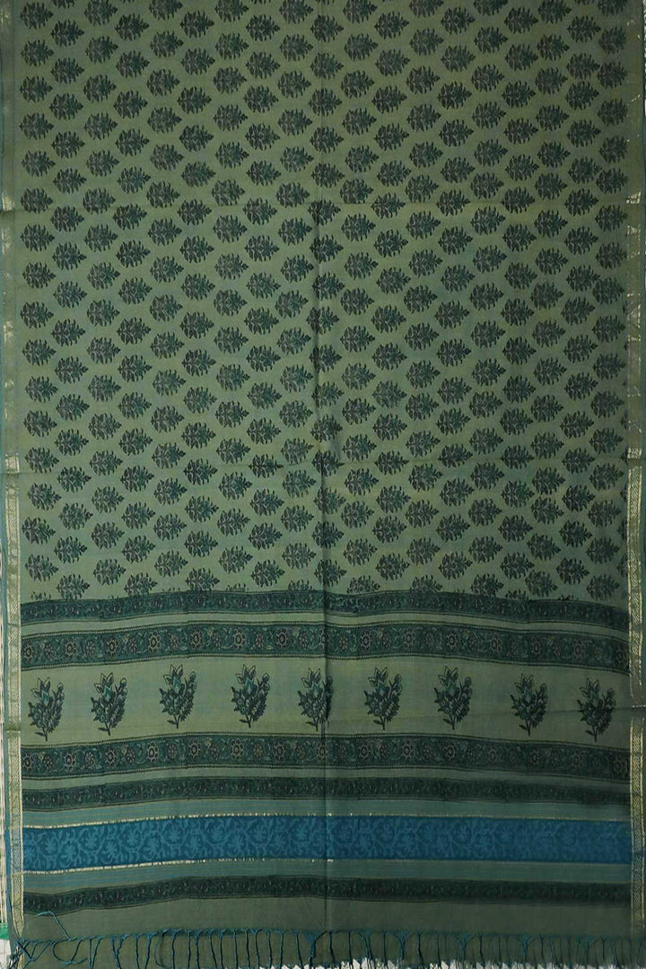 Green with Florets Block Printed Mangalagiri Dupatta