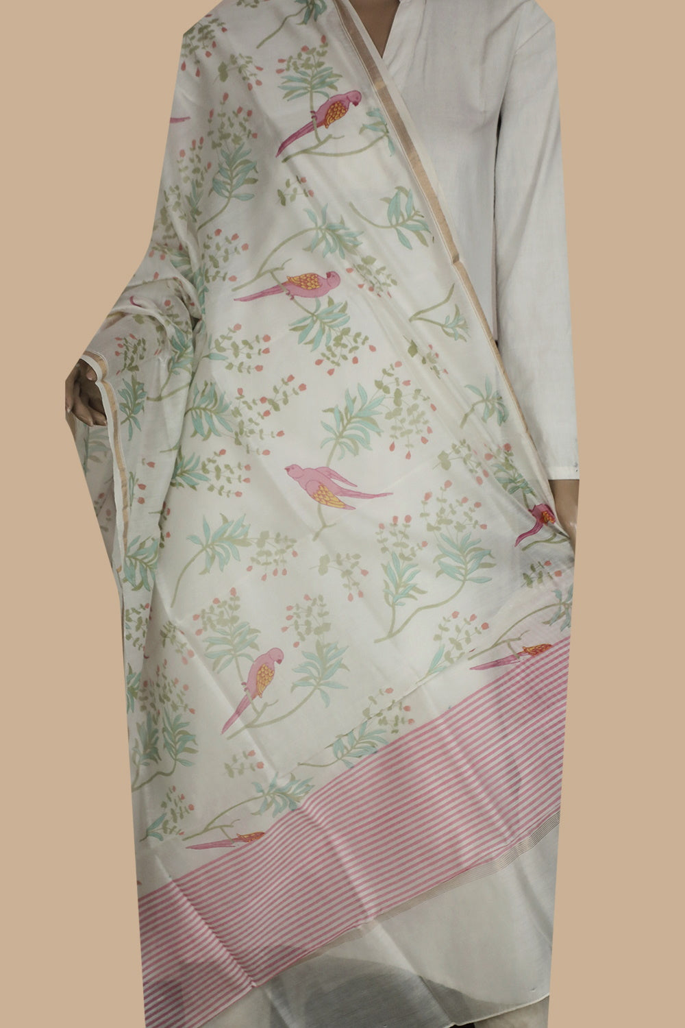 Parrot & Floral Handwoven Chanderi Dupatta