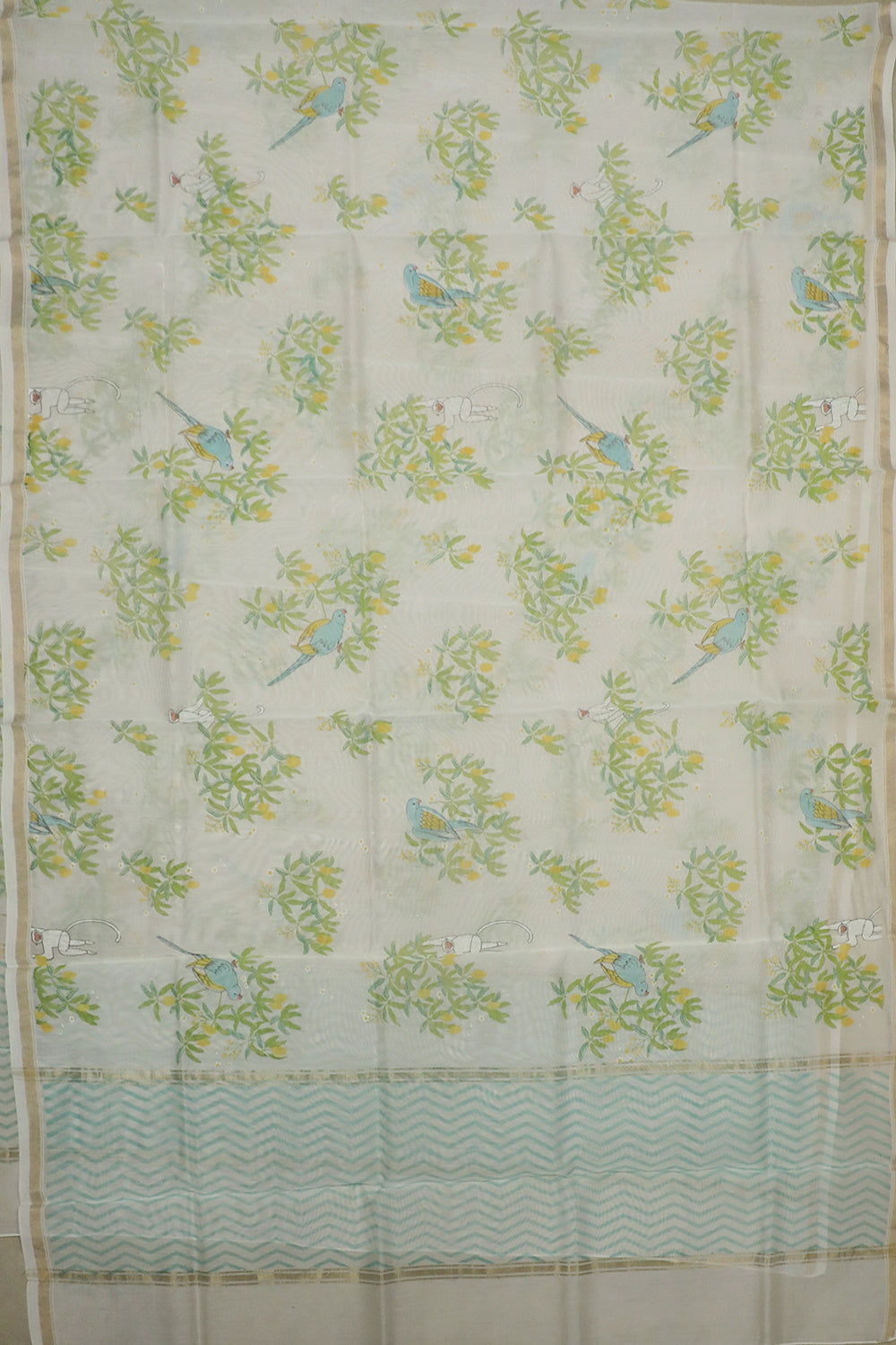 Green Floral on Cream Handwoven Chanderi Dupatta