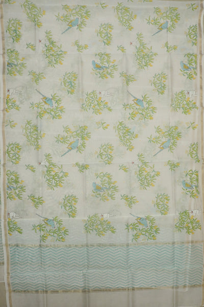 Green Floral on Cream Handwoven Chanderi Dupatta