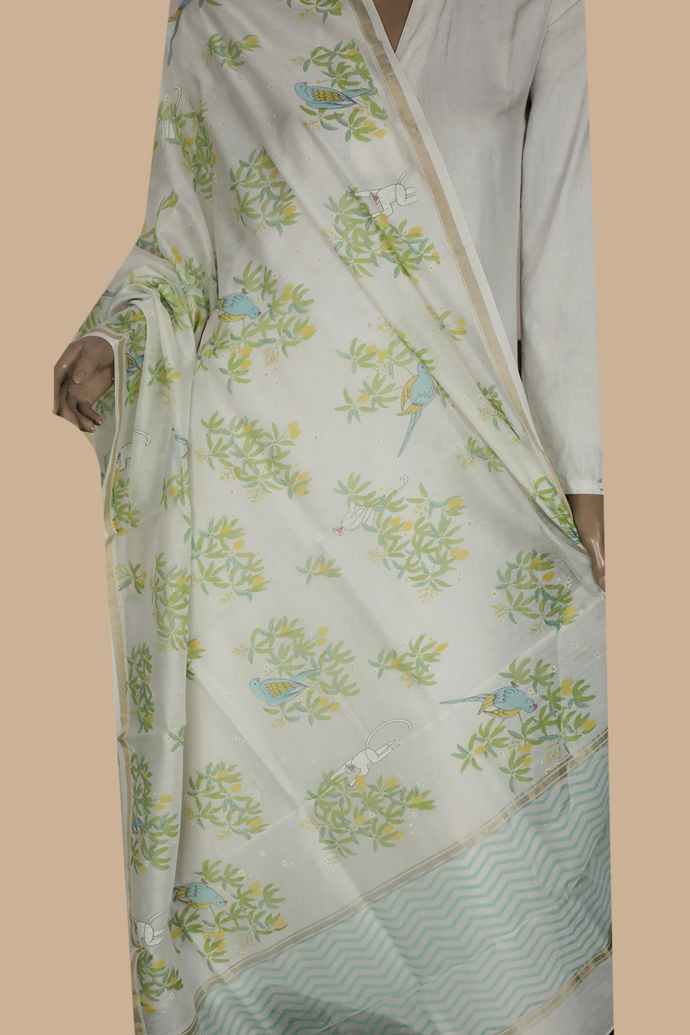 Green Floral on Cream Handwoven Chanderi Dupatta