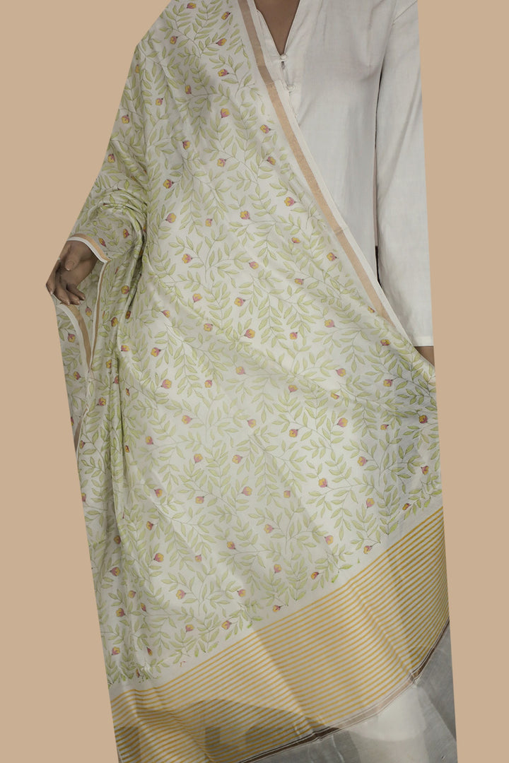 Green Leafy Floral Handwoven Chanderi Dupatta