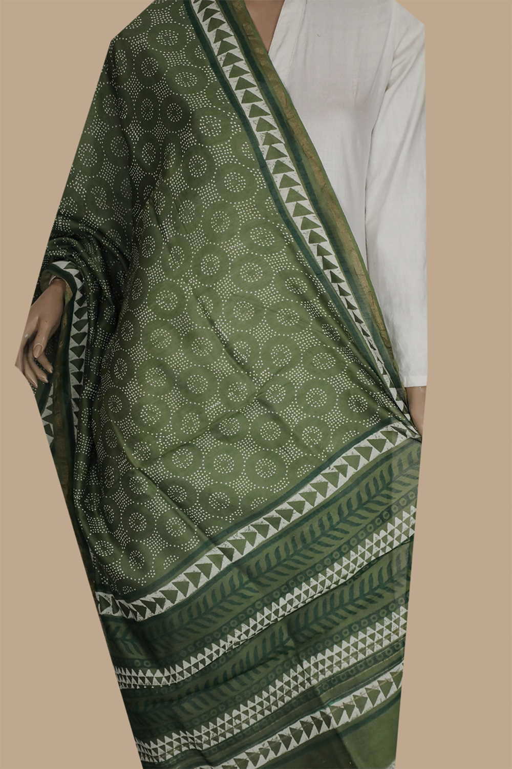 Avocado Green Block Printed Silk Cotton Dupatta