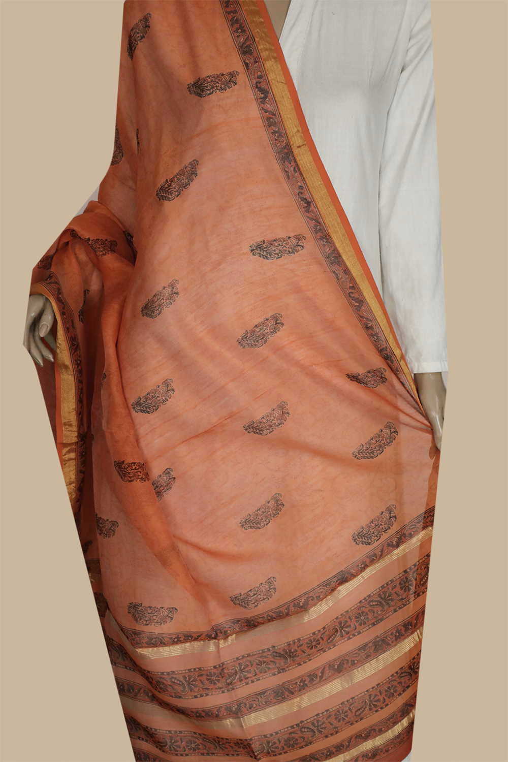 Orange Block Printed Chanderi Dupatta