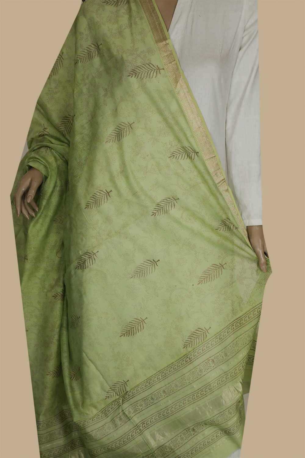 Light Green Block Printed Chanderi Dupatta