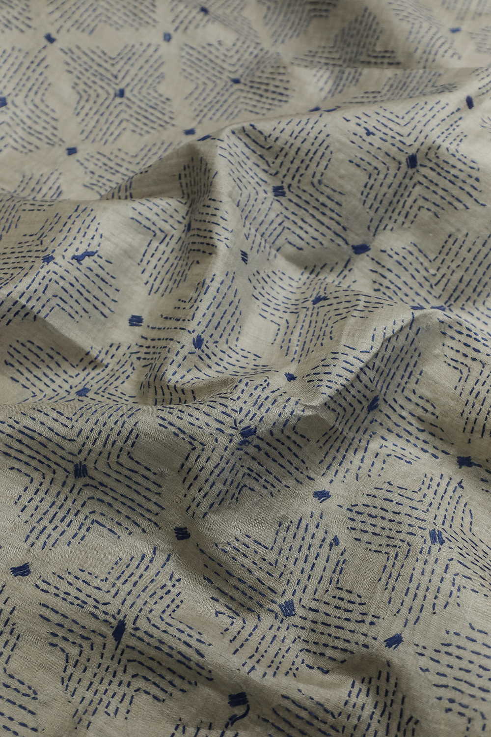 Blue Patterns on Cream Kantha Silk Fabric - 1.3m