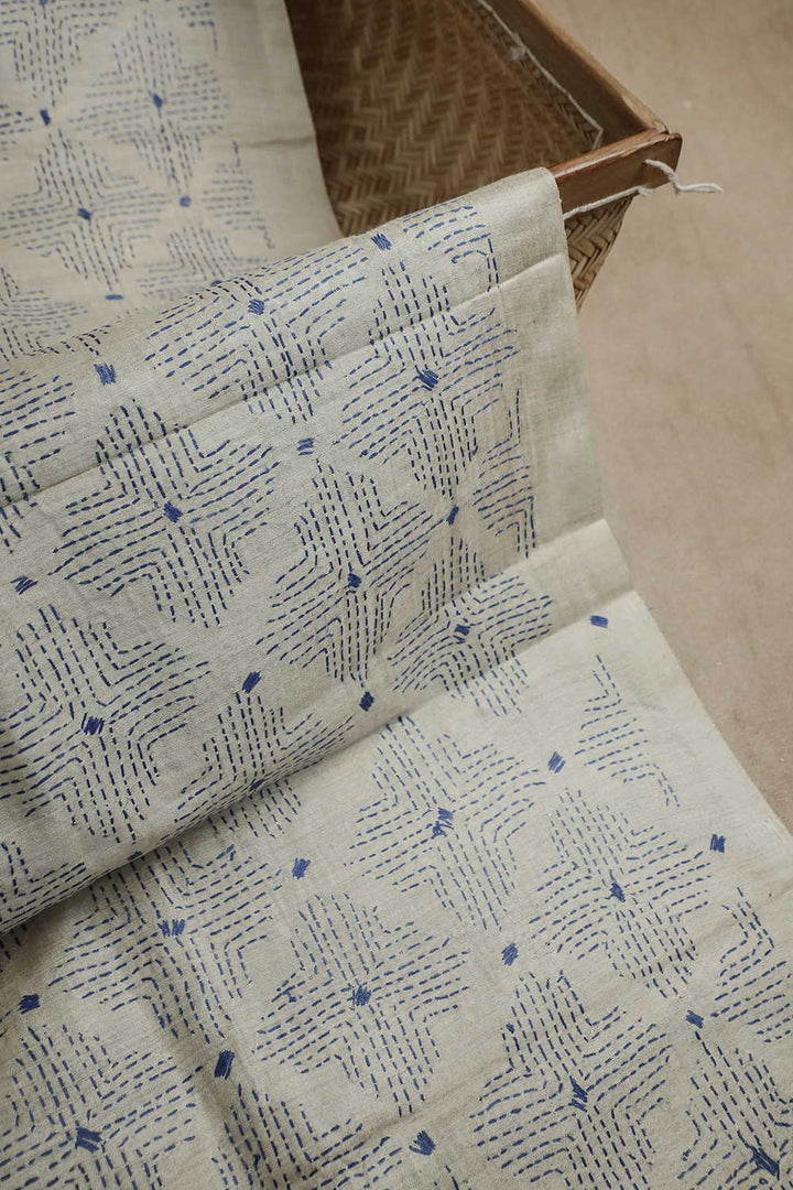 Blue Patterns on Cream Kantha Silk Fabric - 1.3m