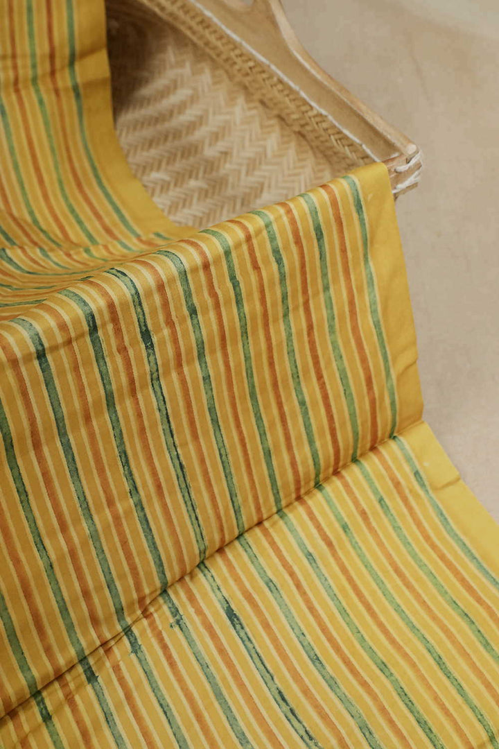 Green & Yellow Stripe Ajrak Modal Silk Fabric - 1.1m