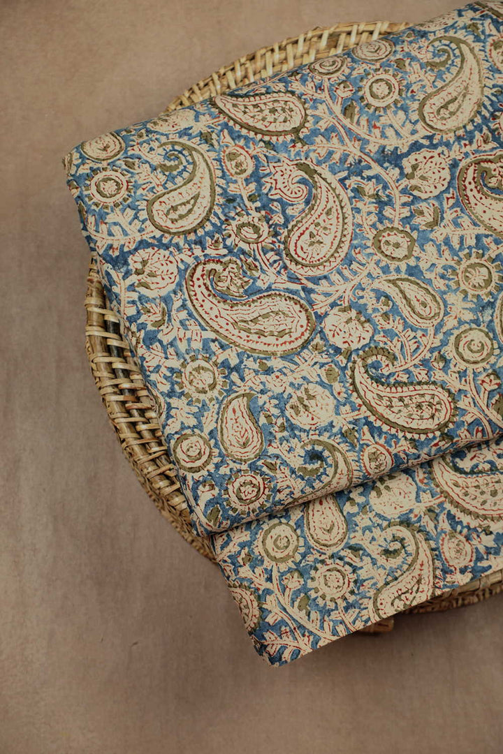 Light Blue with Paisley Floral Printed kalamkari Cotton Fabric - 0.5m