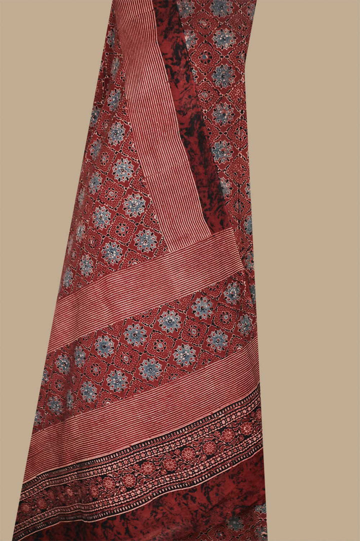 Dark Maroon Ajrak Cotton Top & Dupatta