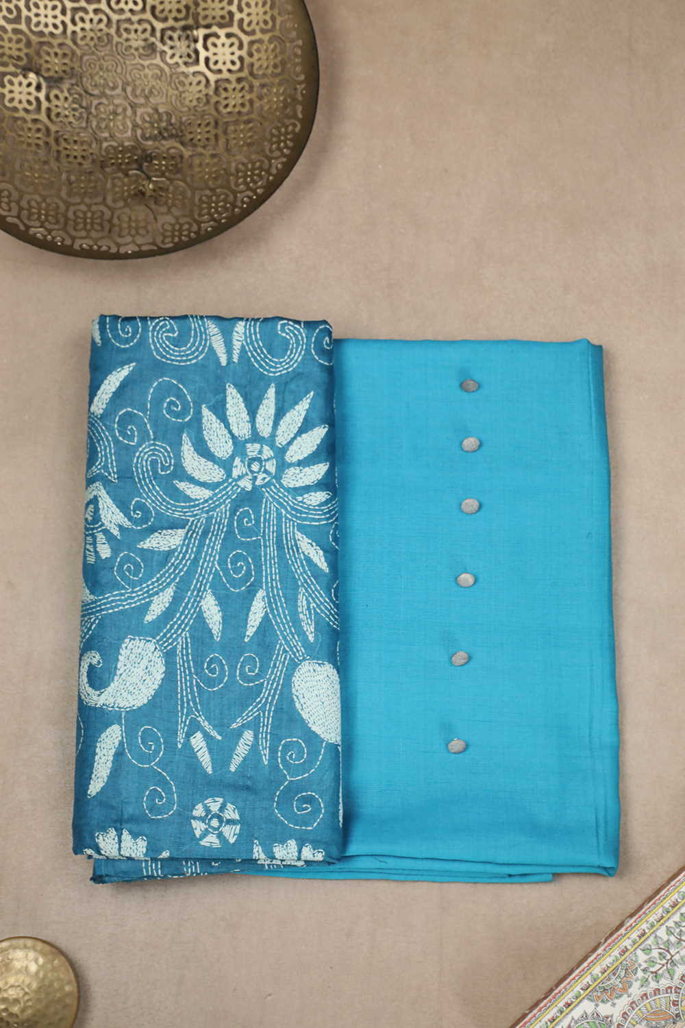 Azure Blue Handwoven Tussar Top & Kantha Dupatta