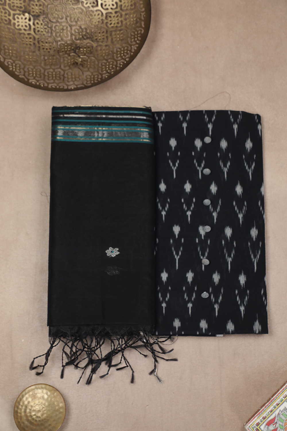 Cream Butta on Black Ikat Top & Chanderi Dupatta