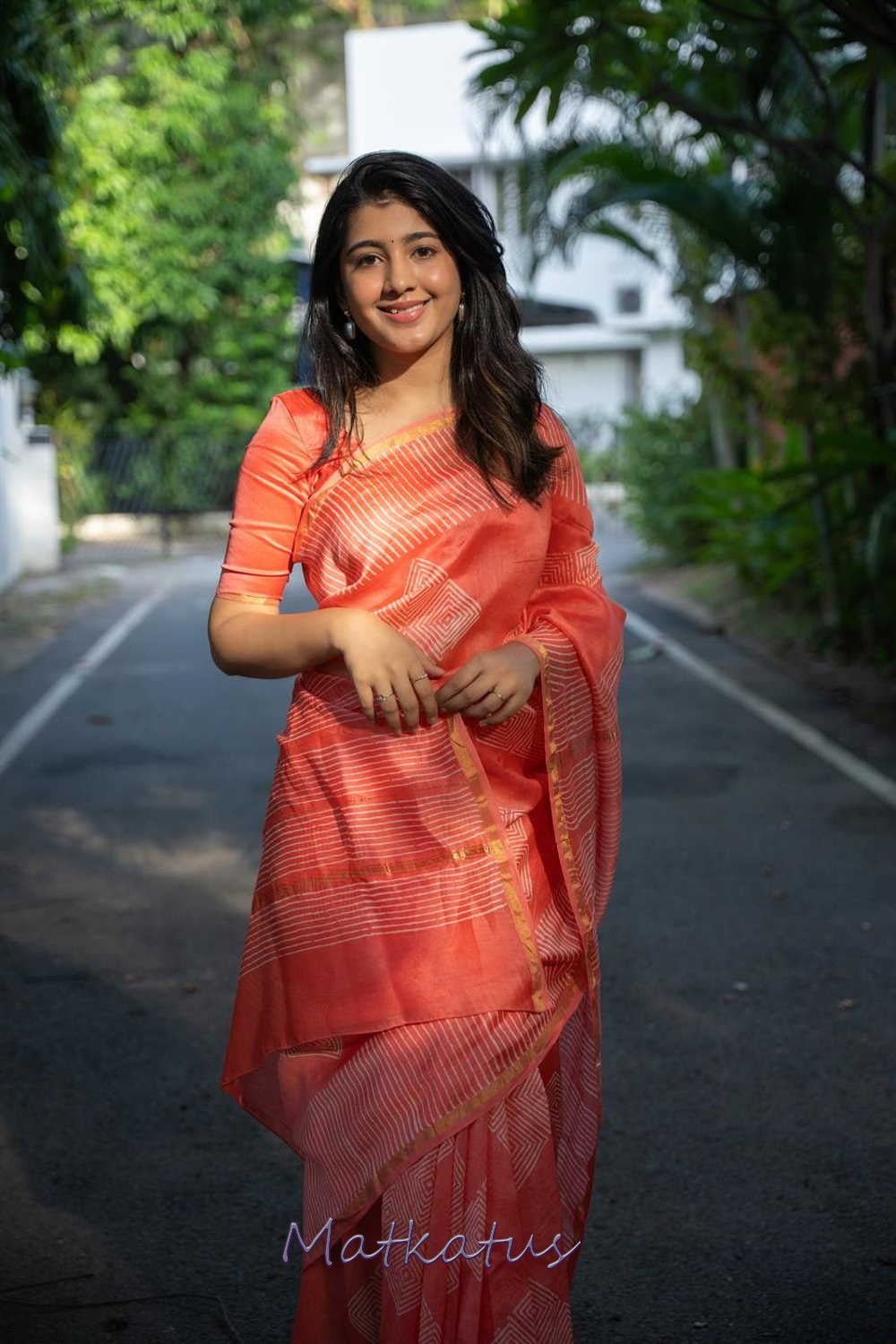 Dark Peach Block Printed Chanderi saree