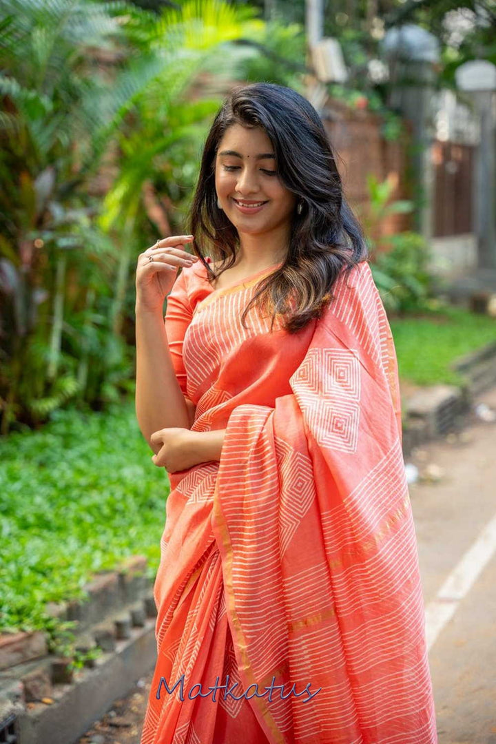 Dark Peach Block Printed Chanderi saree