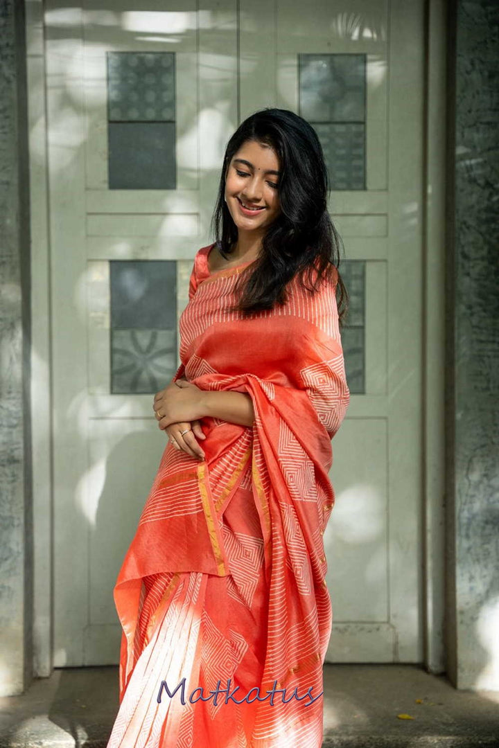 Dark Peach Block Printed Chanderi saree