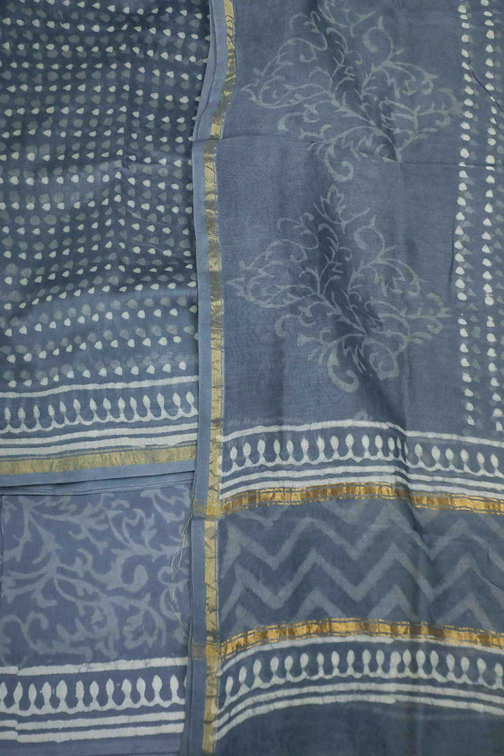 Grey Block Printed Silk Cotton Suit