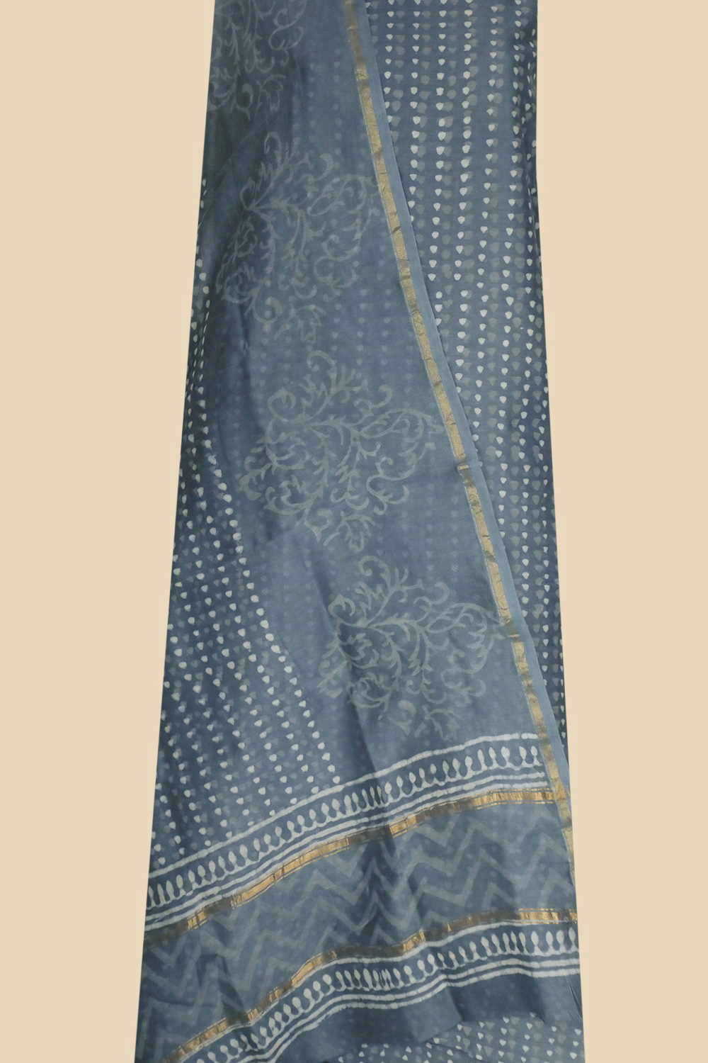 Grey Block Printed Silk Cotton Suit