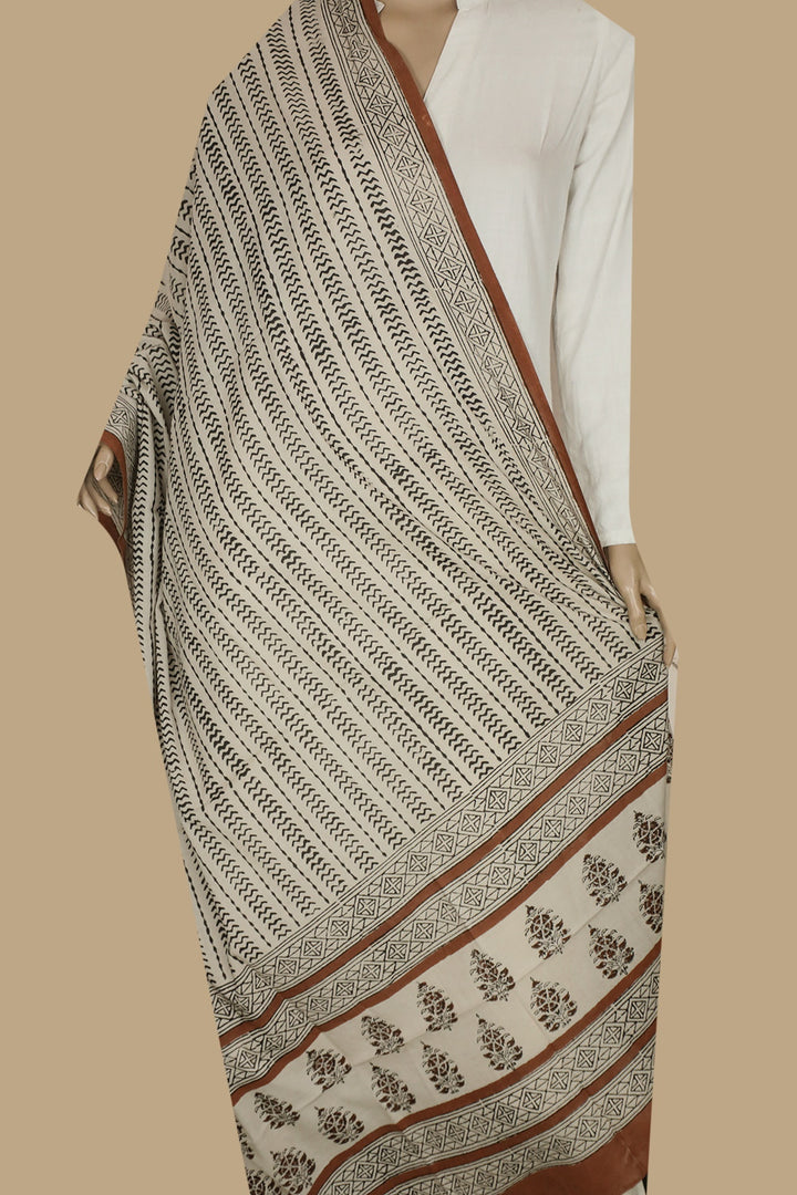 Striped Pattern on Cream Block Printed Mul Cotton Dupatta