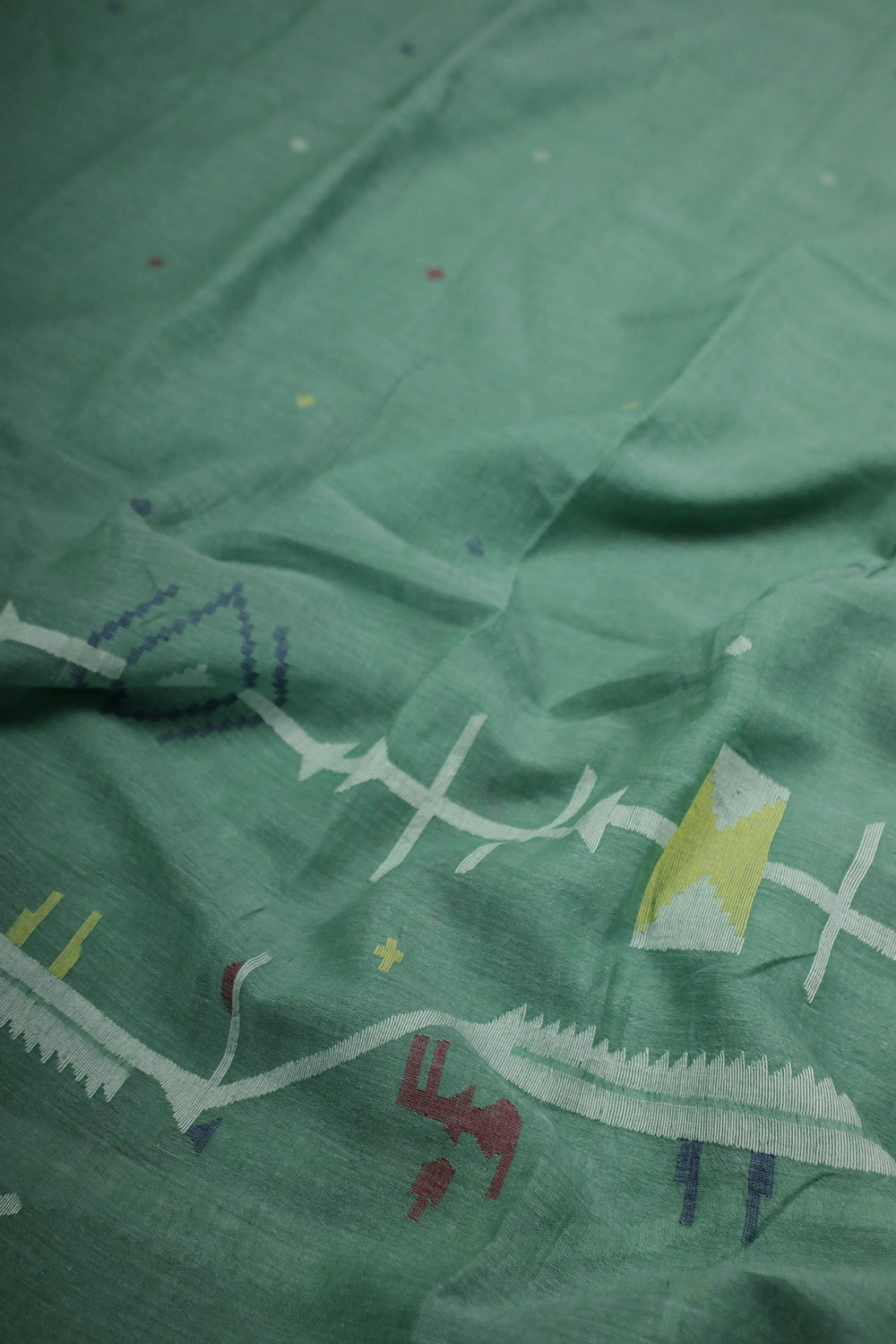 Green with Border Jamdani Cotton Fabric - 0.5m