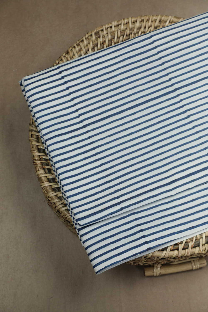 Blue Stripes on Cream Sanganeri Cotton Fabric - 1.4m