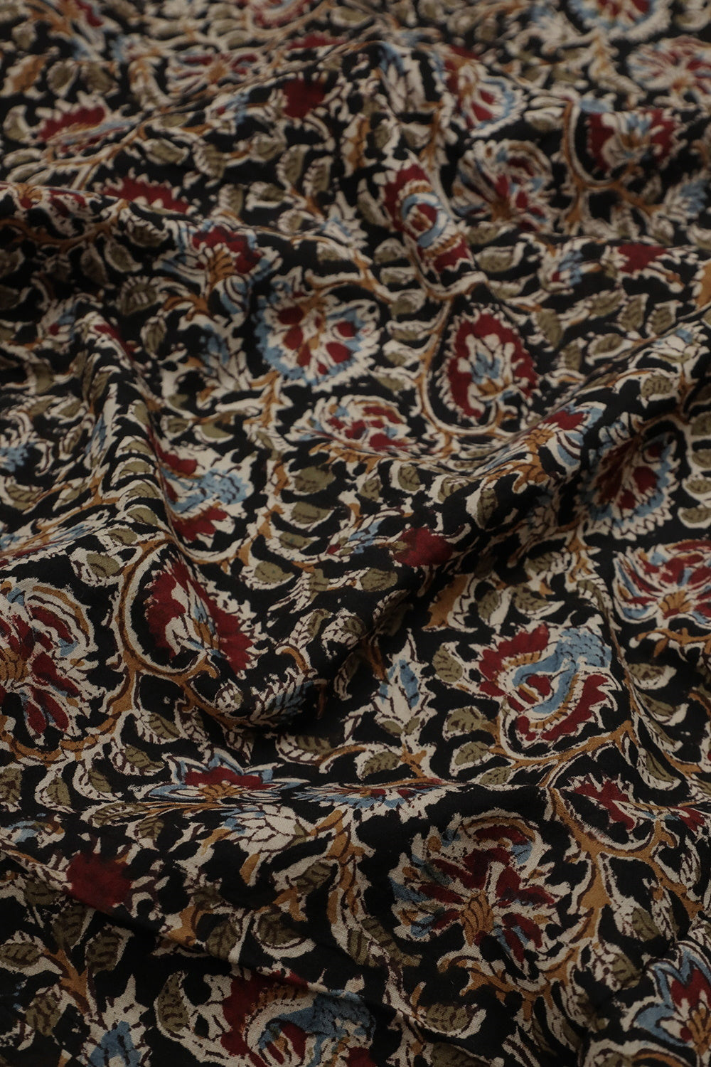 Black with Floral Printed kalamkari Cotton Fabric - 2m