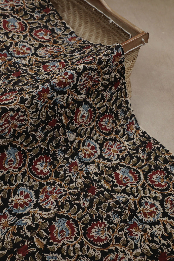 Black with Floral Printed kalamkari Cotton Fabric - 0.55m