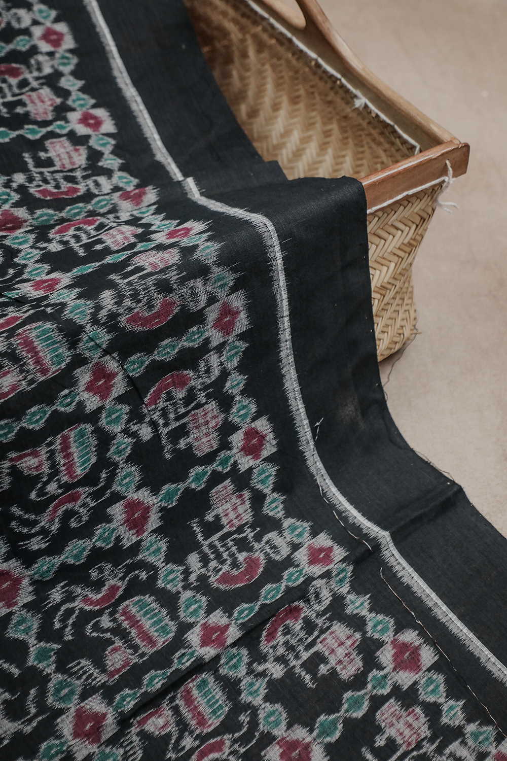 Jet Black Orissa Ikat Cotton Fabric - 1m